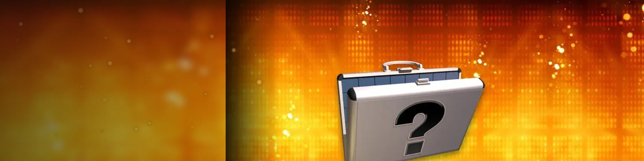 Zilveren Deal or No Deal koffer met vraagteken in gouden studiolicht